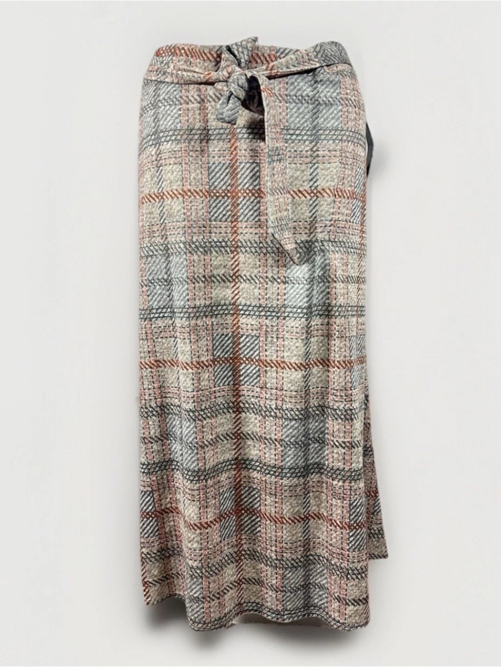NWT NYCC New York Clothing Co. Sz L Women's Knit Midi Skirt Plaid Tie Waist